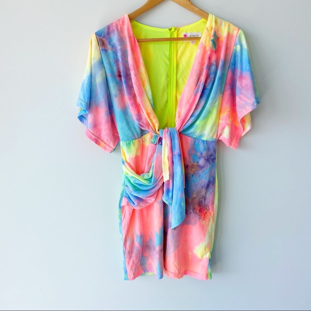 NWT Rainbow Tie Dye Plunge Mini Dress